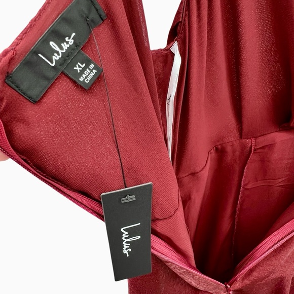 Lulus NWT Constantine Burgundy Satin Maxi Dress Size XL Side Slit Surplice Neck - Picture 11 of 16